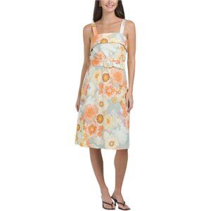 LONDON TIMES Linen Blend Square Neck Belted Midi Dress